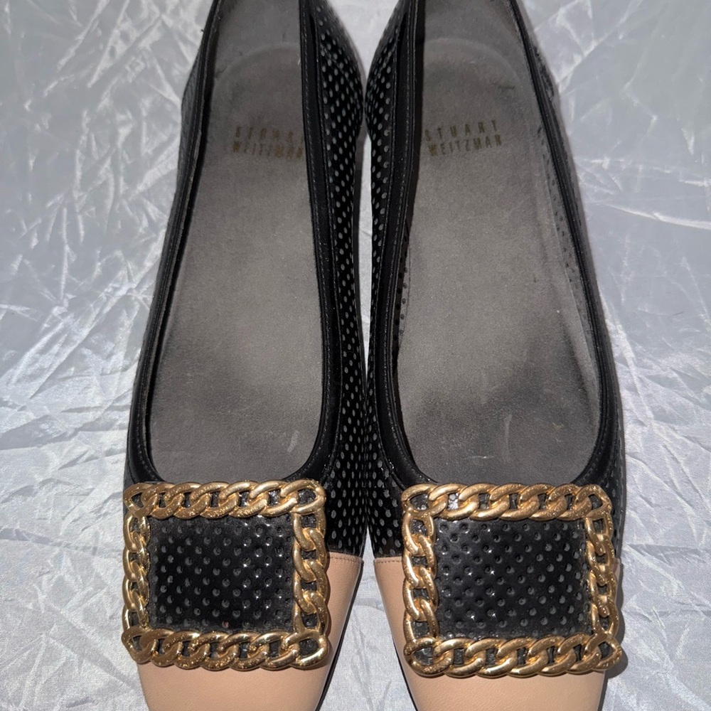 Stuart Weitzman Black and Tan Flats with Decorative Buckle